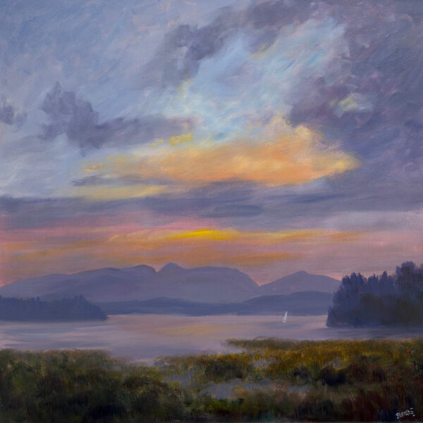 lake district art original oil painting by local artist Jeff Sudders. Sunset over derwentwater. sweeping colourful sky over lake and fells