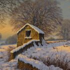 Lake District art original oil painting /a Glorious Light by Edward Hersey of a stone barn in a snowy field with trees and golden evening light.