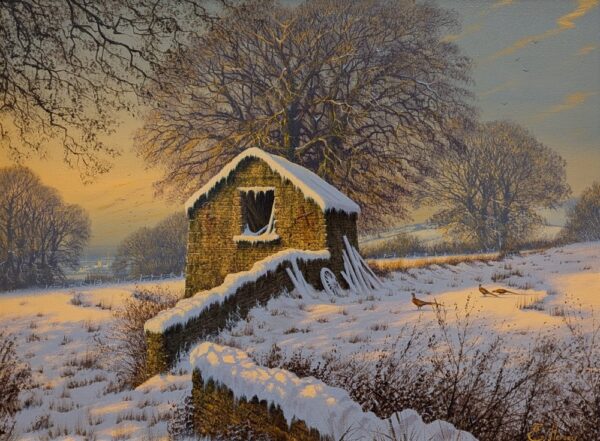 Lake District art original oil painting /a Glorious Light by Edward Hersey of a stone barn in a snowy field with trees and golden evening light.