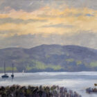 Lake District art original oil painting by Jeff Sudders. A clouded sunset and calm waters on Lake Windermere sailboat silhouettes in the distance. A calm piece.