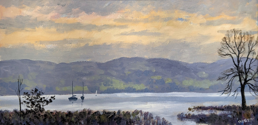 A Still Evening by Windermere by Jeff Sudders 12x24 Product image Lake District art original oil painting by Jeff Sudders. A clouded sunset and calm waters on Lake Windermere sailboat silhouettes in the distance. A calm piece.