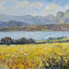 Lake District art original oil painting by Jeff Sudders. A floral meadow foreground with Lake Windermere and the Langdale Pikes in the distance.