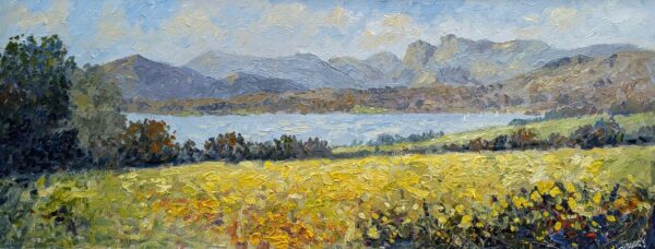 Lake District art original oil painting by Jeff Sudders. A floral meadow foreground with Lake Windermere and the Langdale Pikes in the distance.