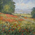 Lake District art original oil painting A Summer Stroll by Jeff Sudders of a couple walking in the distance along a path through a wildflower meadow with lake and mountains in the distance.