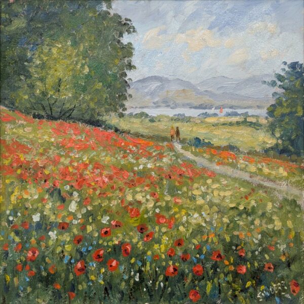 Lake District art original oil painting A Summer Stroll by Jeff Sudders of a couple walking in the distance along a path through a wildflower meadow with lake and mountains in the distance.