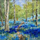 lake district art original oil painting by local artist Jeff Sudders. A couple walk on a path through a bluebell wood.