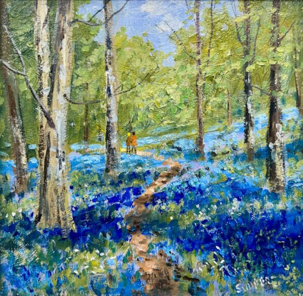 lake district art original oil painting by local artist Jeff Sudders. A couple walk on a path through a bluebell wood.