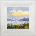 lake district art original oil painting by local artist Jeff Sudders. painting of sailboats on a calm lake at sunset with wildflowers and glowing clouds over distant hills. Displayed in a white frame.