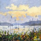 lake district art original oil painting by local artist Jeff Sudders. painting of sailboats on a calm lake at sunset with wildflowers and glowing clouds over hills.