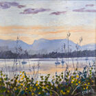 lake district art original oil painting by local artist Jeff Sudders featuring a soft evening sunset set across lake Windermere sailboats floating in the water and flowers in the foreground.