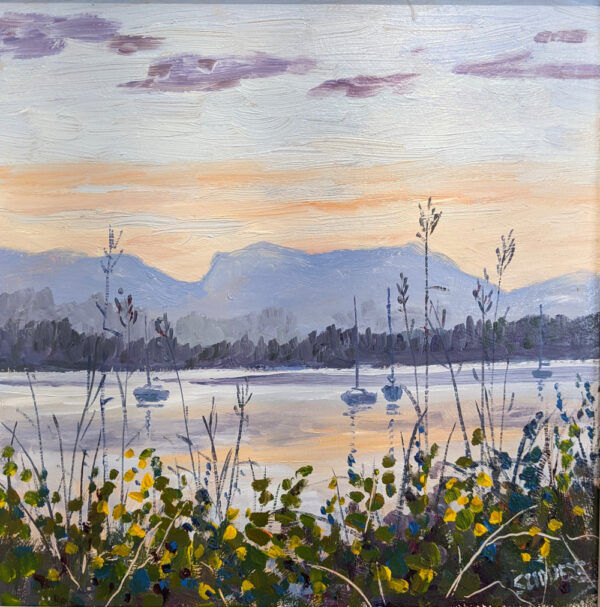 lake district art original oil painting by local artist Jeff Sudders featuring a soft evening sunset set across lake Windermere sailboats floating in the water and flowers in the foreground.
