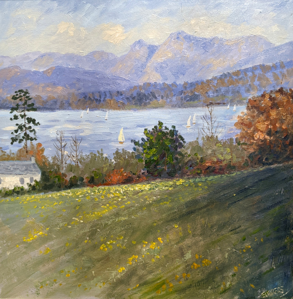 An Afternooon by Windermere by Jeff Sudders 29 x 29 product image Lake District art original oil painting by local artist Jeff Sudders. Featuring green fields with house lake and looking on to langdale pikes in the distance.