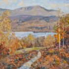 Lake district oil painting of the view of Windermere over Claife Heights to the Coniston Fells. Autumn colours and a path winding through foliage towards the lake.