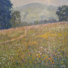 Lake District art original oil painting by Jeff Sudders borrans meadow in ambleside colourful summer wildflowers with path and fells