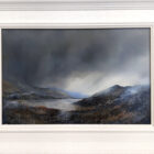 lake district art original oil and mixed media painting of Borrowdale by peter dworok. Moody skies with low grey clouds. Blue and earthy tones in the foreground with added texture. Displayed in a white fluted frame.