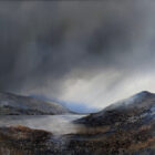 lake district art original oil and mixed media painting of Borrowdale by peter dworok. Moody skies with low grey clouds. Blue and earthy tones in the foreground with added texture.