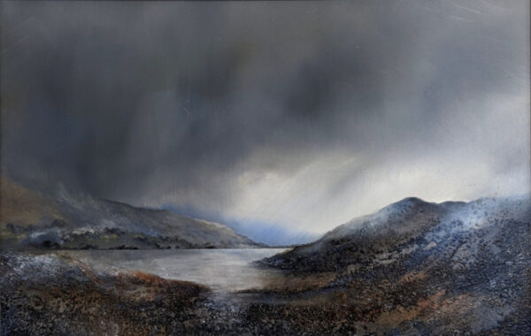 lake district art original oil and mixed media painting of Borrowdale by peter dworok. Moody skies with low grey clouds. Blue and earthy tones in the foreground with added texture.