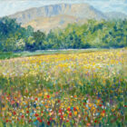 View across a buttercup field to Wetherlam above Coniston in the lake district