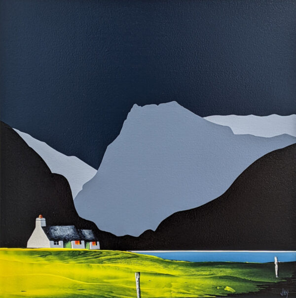 lake district art by jay nottingham contemporary bold original acrylic painting of buttermere fleetwith pike and haystacks silhouetted fells and bothy cottage