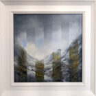 lake district art original oil and mixed media painting. Featuring a moody landscape of the Langdales showing the transition between autumn to winter. Displayed in a white fluted frame.
