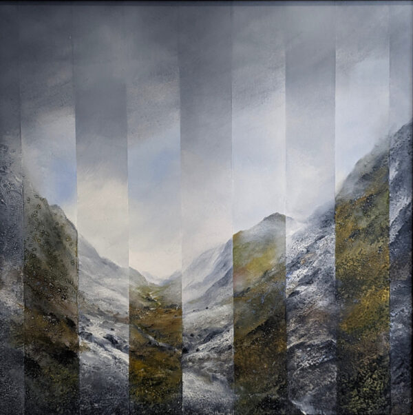 lake district art original oil and mixed media painting. Featuring a moody landscape of the Langdales showing the transition between autumn to winter.