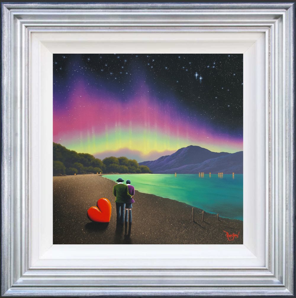 Lake District art original oil painting by David Renshaw. featuring Ted and Doris comic love. starry night sky with glowing colours