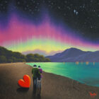 Lake District art original oil painting by David Renshaw. featuring Ted and Doris comic love. starry night sky with glowing colours