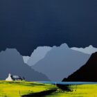 Lake District art by Jay Nottingham. A contemporary original acrylic painting of Crummock Water and surrounding fells in bold silhouettes in a contrasting style.