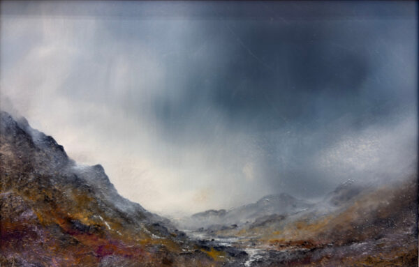 lake district art original oil and mixed media painting. A beautiful moody sky of crummock water