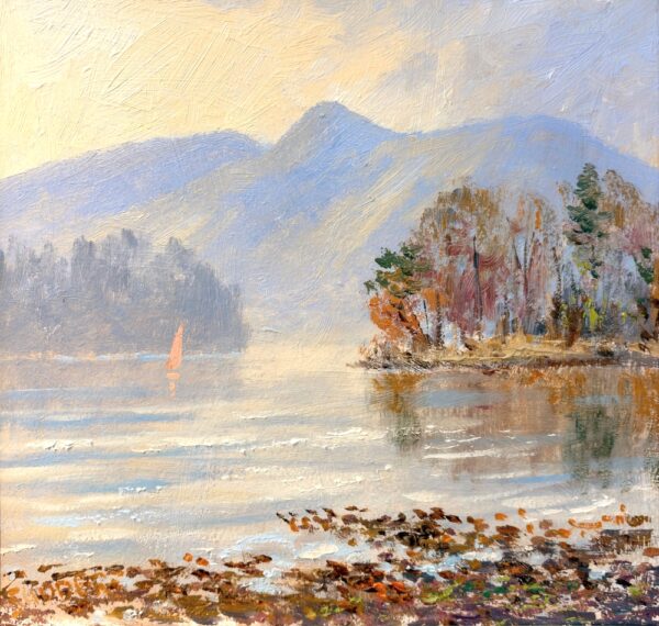 Lake District art original oil painting by local artist Jeff Sudders. Derwentwater and Catbells.
