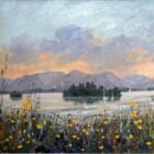 Lake District art original oil painting by Jeff Sudders Derwentwater and poppies. Floral reeds along the lakeshore.