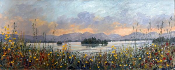 Lake District art original oil painting by Jeff Sudders Derwentwater and poppies. Floral reeds along the lakeshore.