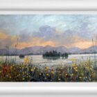 Lake District art original oil painting by Jeff Sudders Derwentwater and poppies. Floral reeds along the lakeshore.