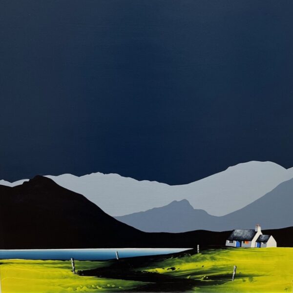 Lake District art by Jay Nottingham. A contemporary original acrylic paintings of Derwentwater featuring Catbells and surrounding fells in bold silhouettes in a contrasting style.