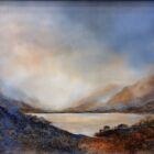 lake district art original oil and mixed media painting. Derwentwater with beautiful colours in burnt orange and blue