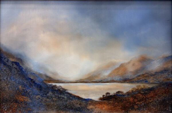 lake district art original oil and mixed media painting. Derwentwater with beautiful colours in burnt orange and blue