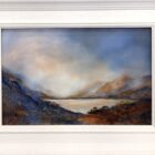 lake district art original oil and mixed media painting. Derwentwater with beautiful colours in burnt orange and blue