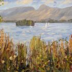 Lake District art original oil painting by Jeff Sudders. Derwentwater shoreline colourful floral front overlooking lake islands and fells