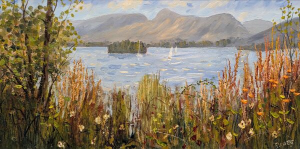 Lake District art original oil painting by Jeff Sudders. Derwentwater shoreline colourful floral front overlooking lake islands and fells