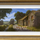 original oil painting by edward hersey a summer english countryside scene with a farm barn chickens swans in stream church and path