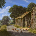 original oil painting by edward hersey a summer english countryside scene with a farm barn chickens swans in stream church and path