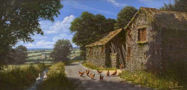 original oil painting by edward hersey a summer english countryside scene with a farm barn chickens swans in stream church and path