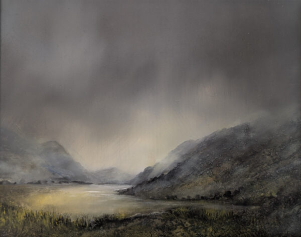 lake district art original oil and mixed media painting. Featuring a moody landscape of ennerdale