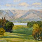 Lake District art original oil painting by Jeff Sudders of a green valley a lake with sailboats and mountains beneath a blue cloud filled sky.