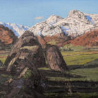 lake district art original oil painting by local artist simon whitfield first snow on the langdale pikes I winter scene