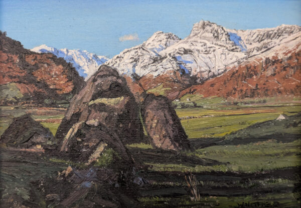 lake district art original oil painting by local artist simon whitfield first snow on the langdale pikes I winter scene