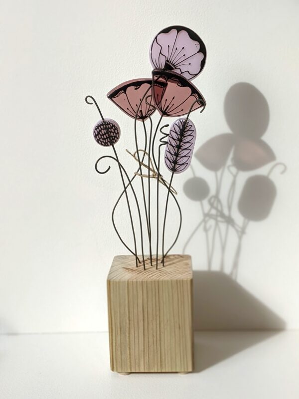 Flower Bouquet hand-crafted fused glass Standing Suncatcher from Mother and Daughter Glass. Featuring lilac and purple glass flowers.