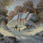 Having Such Fun an original oil painting by Richard Telford. A classic winter scene of a dog walk in a charming countryside village