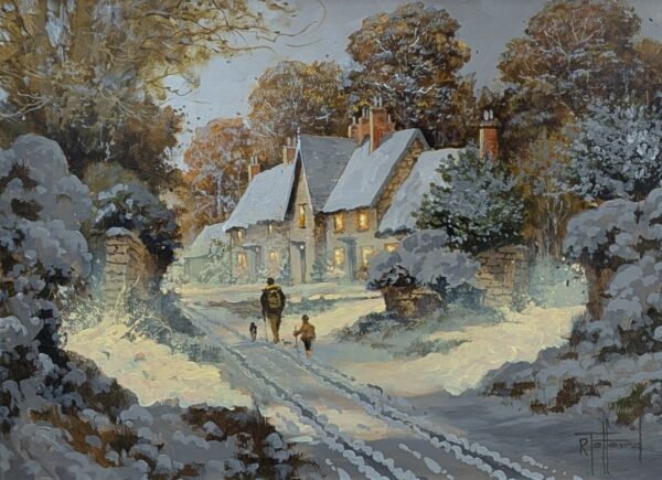 Having Such Fun an original oil painting by Richard Telford. A classic winter scene of a dog walk in a charming countryside village