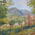 lake district art original oil painting by local artist Jeff Sudders. foxgloves and wetherlam near ambleside summer floral scene
